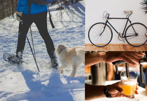 Photo collage of person snowhoeing with dog, bicycle and person pouring beer