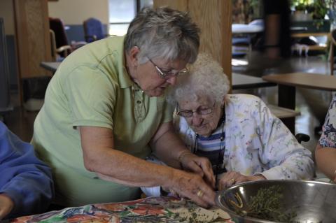 Two older women work together on a gardening project. They are indoors and seated at a table.