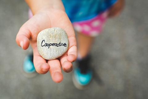 girl holding a rock that says cooperative