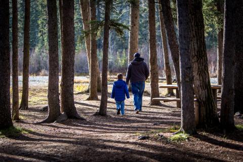 father and son walking in the woods