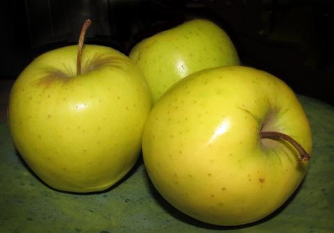 Three whole golden delicious apples.