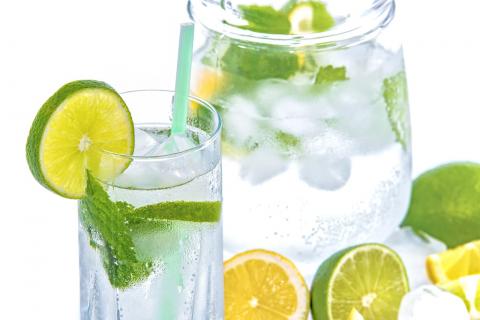 Pitcher and glass of water with sliced limes, lemons and fresh mint leaves.