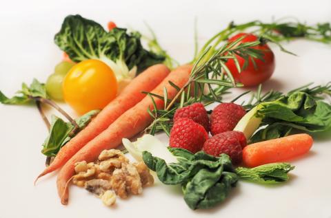 tomatoes, grapes, carrots, box choy, raspberries, walnuts and herbs