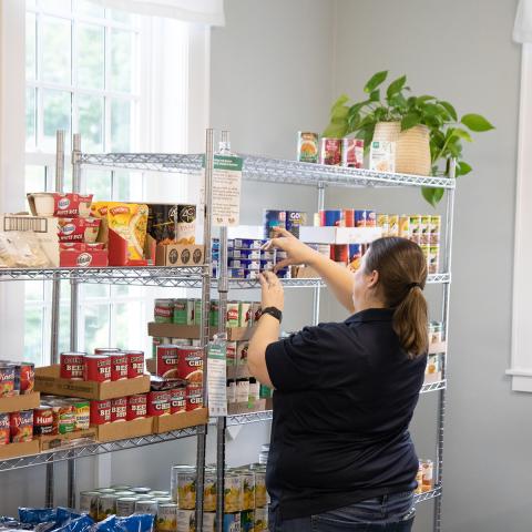 Woman organizing cans in food pantry