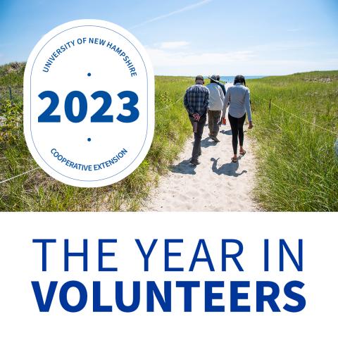 Text that reads University of New Hampshire 2023: The Year in Volunteers with photo of people walking on beach