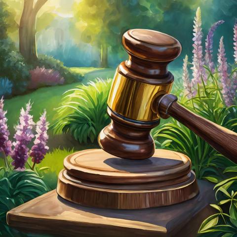 An illustration of a auctioneer's gavel in a garden