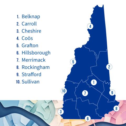 Map that shows the 10 counties in New Hampshire