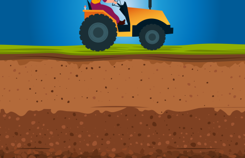 Illustration of a women on a tractor over soil - the graphic for Shared Soil podcast